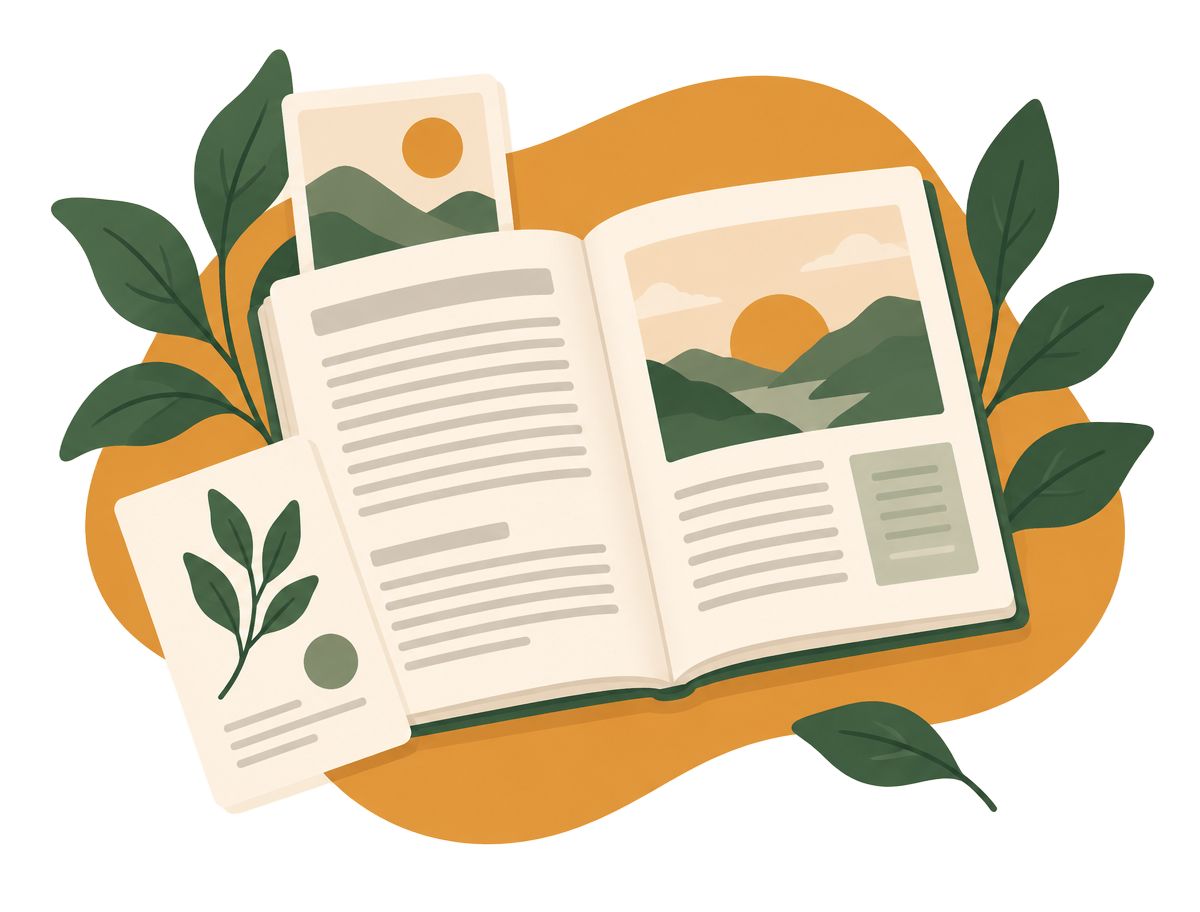Illustration of an open magazine with article pages and leaves